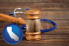 california map icon and a gavel and a stethoscope