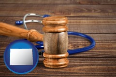 co map icon and a gavel and a stethoscope