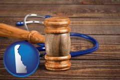 delaware map icon and a gavel and a stethoscope