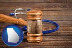 georgia map icon and a gavel and a stethoscope