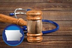ia map icon and a gavel and a stethoscope