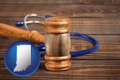 indiana map icon and a gavel and a stethoscope