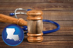 louisiana map icon and a gavel and a stethoscope