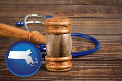 massachusetts map icon and a gavel and a stethoscope