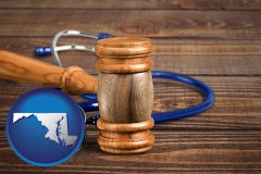 maryland map icon and a gavel and a stethoscope
