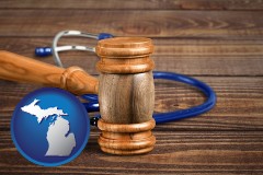 michigan map icon and a gavel and a stethoscope
