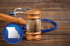 missouri map icon and a gavel and a stethoscope