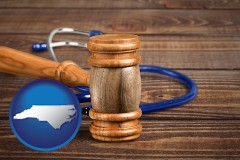 north-carolina map icon and a gavel and a stethoscope