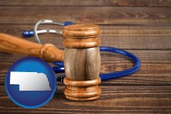 nebraska map icon and a gavel and a stethoscope