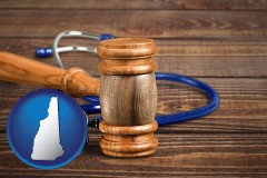nh map icon and a gavel and a stethoscope