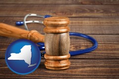 new-york map icon and a gavel and a stethoscope