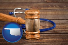 oklahoma map icon and a gavel and a stethoscope