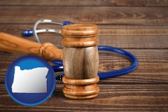 oregon map icon and a gavel and a stethoscope