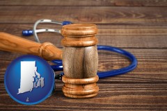 ri map icon and a gavel and a stethoscope