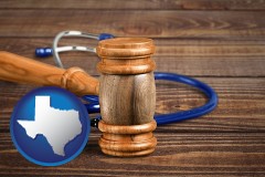 texas map icon and a gavel and a stethoscope