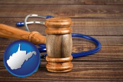 west-virginia map icon and a gavel and a stethoscope