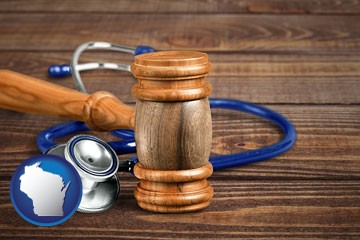 a gavel and a stethoscope - with Wisconsin icon
