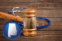 alabama map icon and a gavel and a stethoscope